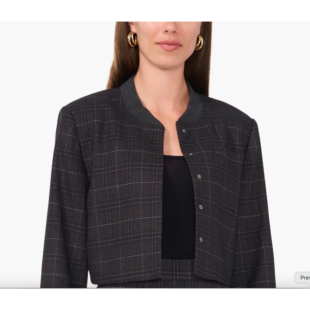 Vince Camuto Plaid Cropped Bomber Jacket S Charcoal Grey Snap‎ Front Career